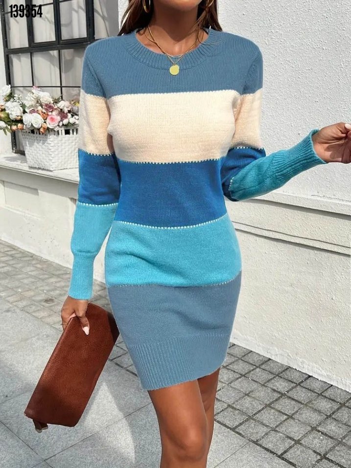 Çizgili Renkli Örgü Kadın Elbise - Görsel 3