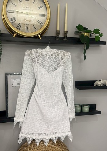 V Yaka Dantel Uzun Kollu Mini Elbise - Görsel 5