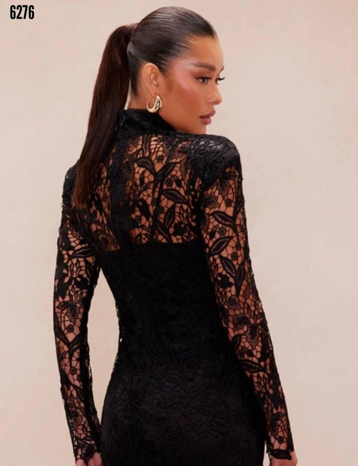 V Yaka Dantel Uzun Kollu Mini Elbise - Görsel 4