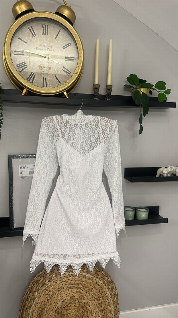 V Yaka Dantel Uzun Kollu Mini Elbise - Görsel 5