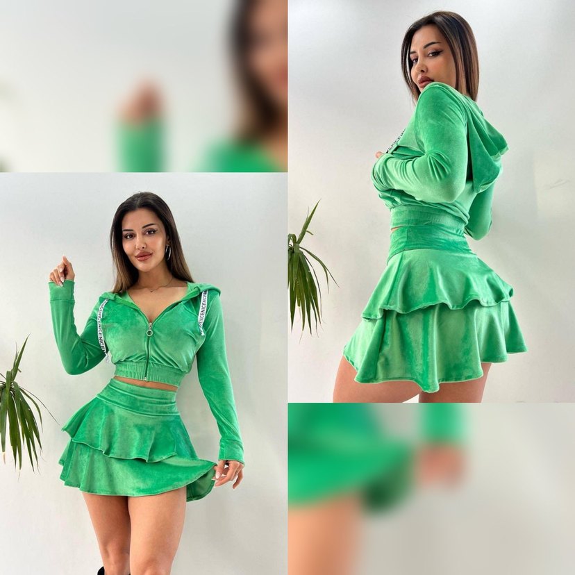 Yeşil Mini Etekli İçi Şortlu, Kadife  Takım - Görsel 3