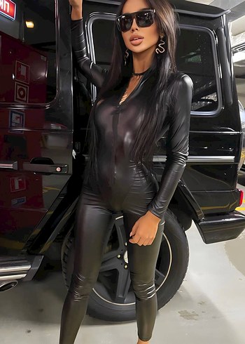 Siyah Deri Strappy Kadın Tulum - Görsel 4