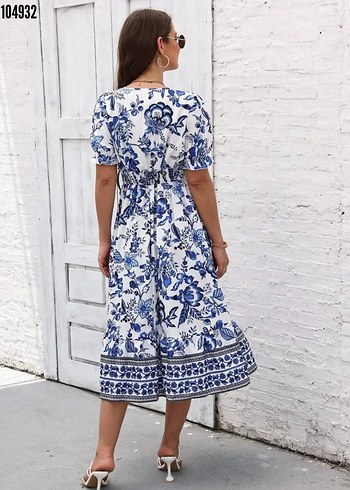 Mavi Bohem V Yaka Saten  Elbise - Görsel 6