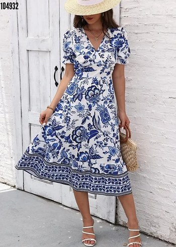 Mavi Bohem V Yaka Saten  Elbise - Görsel 5