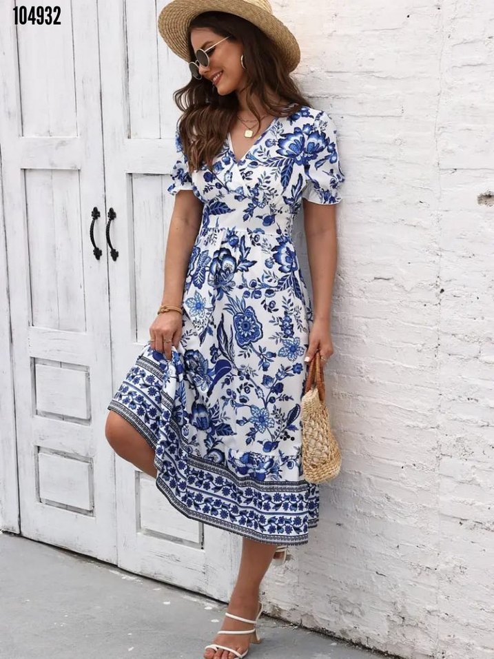 Mavi Bohem V Yaka Saten  Elbise - Görsel 4