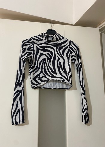 Addax Zebra Desenli Siyah Beyaz Crop Bluz