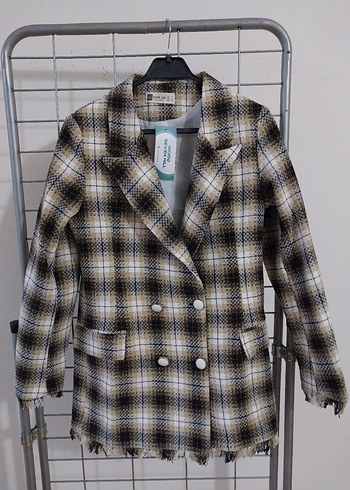 Gri Ekose Düğmeli Kadın Blazer Ceket - Görsel 2