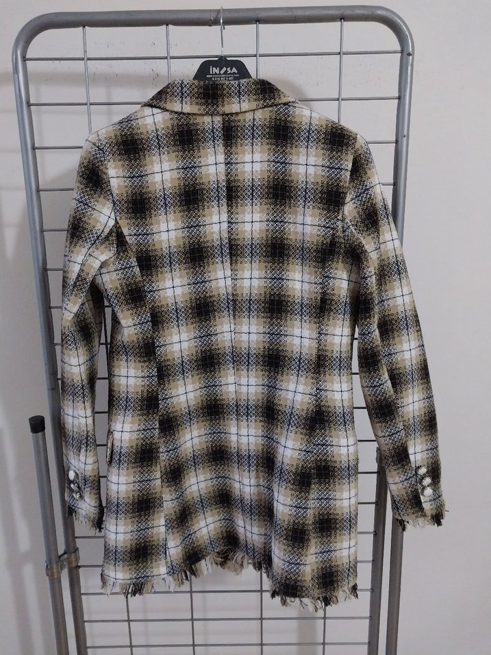 Gri Ekose Düğmeli Kadın Blazer Ceket - Görsel 3