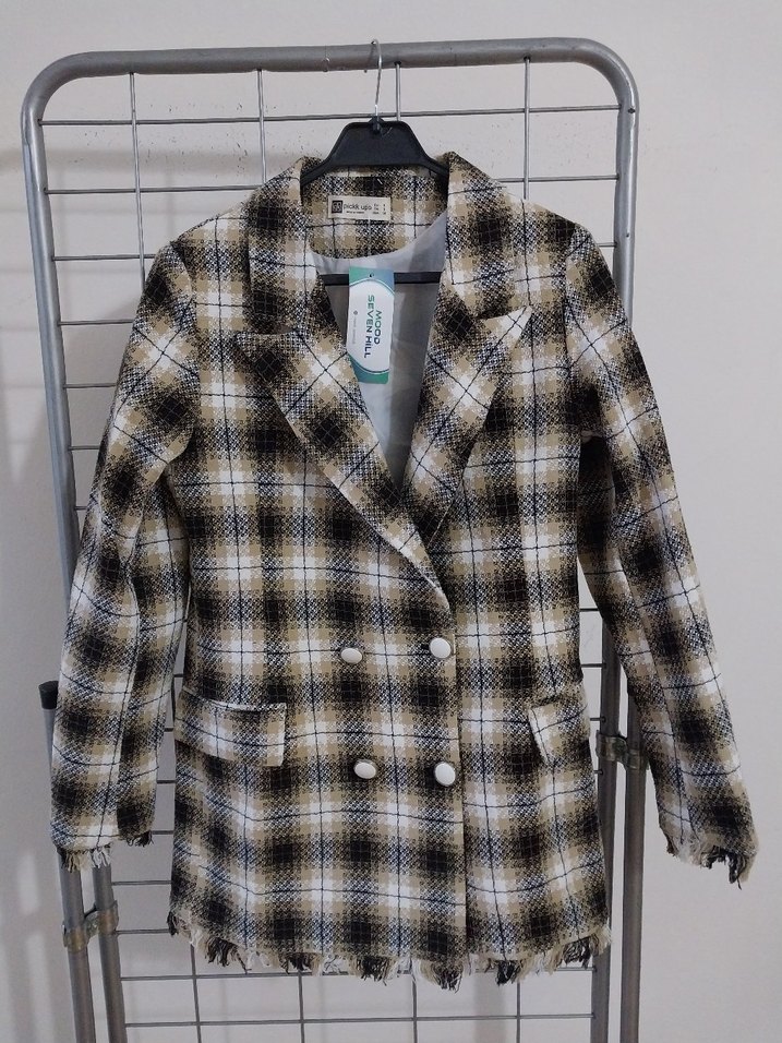 Gri Ekose Düğmeli Kadın Blazer Ceket - Görsel 2