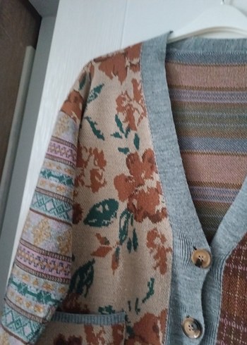 LC Waikiki Desenli Bohem Kadın Hırka, Düğmeli, Gri-Kahverengi