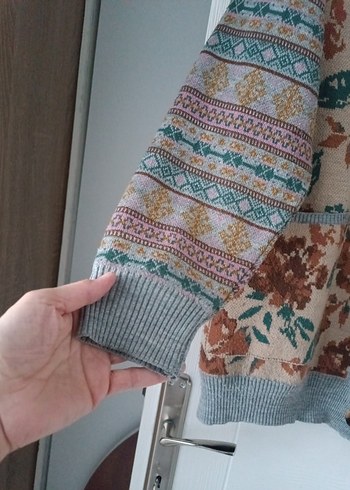 xl Beden Desenli Bohem Kadın Hırka, Düğmeli, Gri-Kahverengi