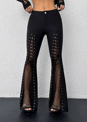 file Detaylı Siyah Gotik İspanyol Paça Pantolon
