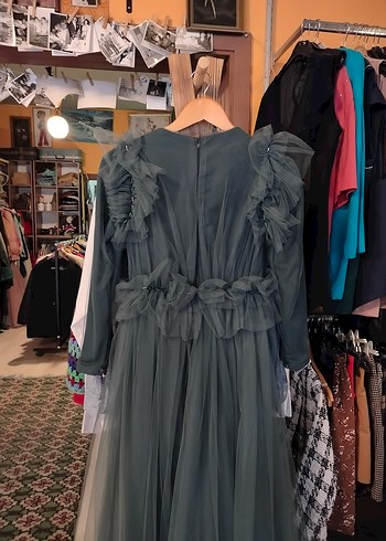 Uzun Kollu yeşili Fırfırlı Yüksek Yakalı Kadın Elbise - Görsel 4