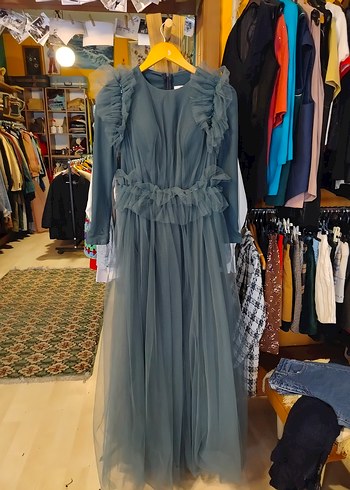 Uzun Kollu yeşili Fırfırlı Yüksek Yakalı Kadın Elbise - Görsel 3