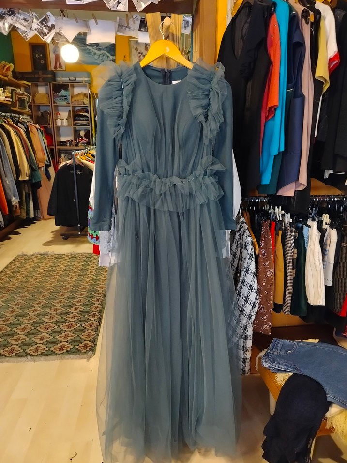 Uzun Kollu yeşili Fırfırlı Yüksek Yakalı Kadın Elbise - Görsel 3