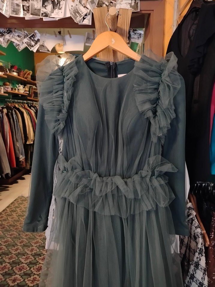 Uzun Kollu yeşili Fırfırlı Yüksek Yakalı Kadın Elbise - Görsel 2