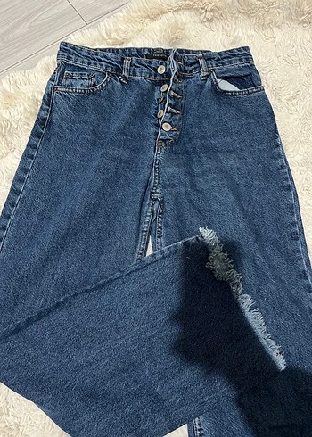 Düğmeli Lacivert Bol Kesim Kadın Jean