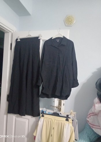 Düğmeli Siyah Keten Kadın Takım Elbise - Görsel 10