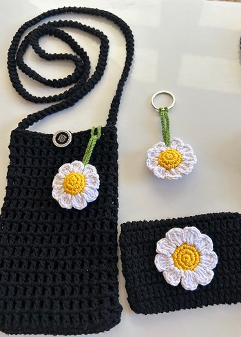 Ayçiçeği Detaylı Örgü Bohem Çanta ve Anahtarlık