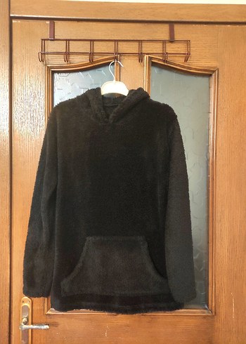 Siyah Peluş Kadın Sweatshirt Kapüşonlu