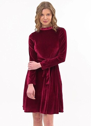Bordo kadife elbise - Görsel 3