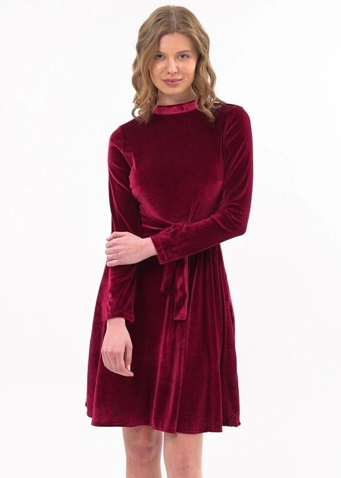 Bordo kadife elbise - Görsel 3