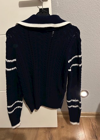 Lacivert Beyaz Detaylı Örgü Kadın Kazak - Görsel 4