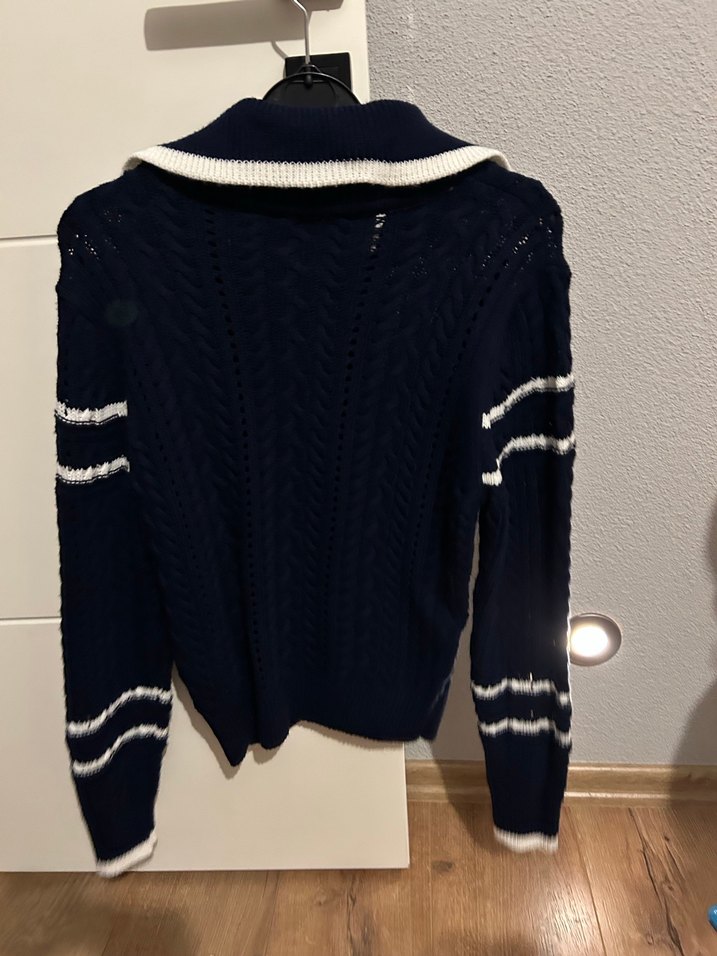 Lacivert Beyaz Detaylı Örgü Kadın Kazak - Görsel 4