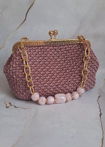 Boncuk Detaylı Pembe Örgü Kadın Çanta