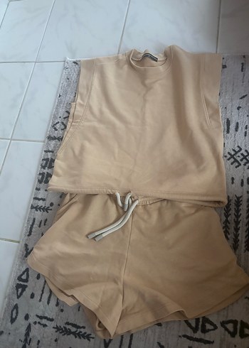 Bej Keten Kumaşlı Kadın Mini Takım