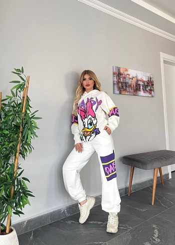 Baskılı Beyaz Kadın Oversize Eşofman Takımı