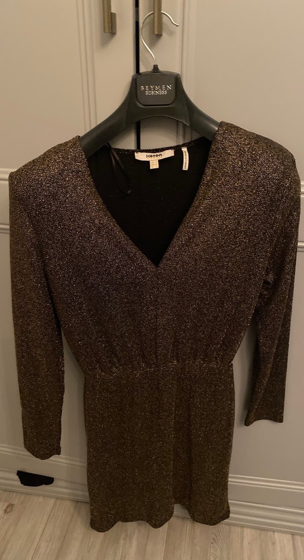 V Yaka Kahverengi Triko Midi Elbise - Görsel 3