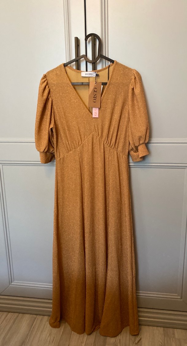 V Yaka Kahverengi Uzun Kadın Elbise - Görsel 2