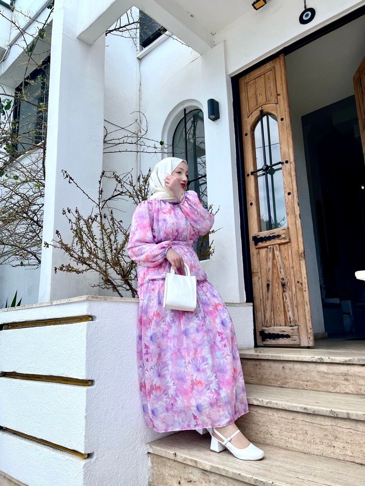 Pembe Desenli Uzun Salaş Elbise - Görsel 2