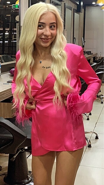 s Beden pembe Renk Bershka pembe elbise kolları tüylü