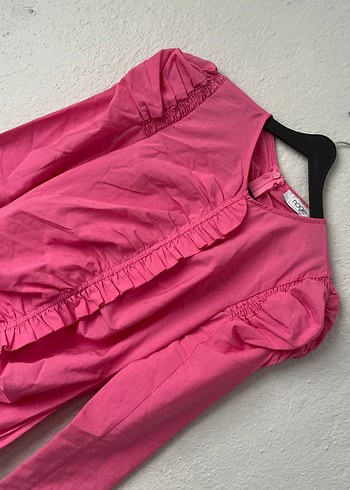 Pembe Uzun Keten Elbise Fırfır Detaylı - Görsel 4