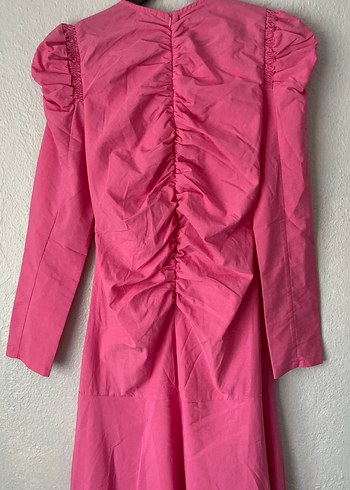 Pembe Uzun Keten Elbise Fırfır Detaylı - Görsel 9