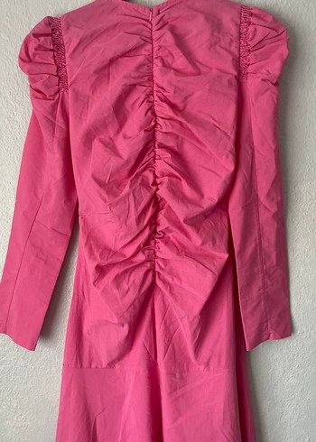 Pembe Uzun Keten Elbise Fırfır Detaylı - Görsel 7