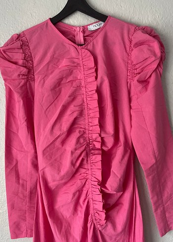 Pembe Uzun Keten Elbise Fırfır Detaylı - Görsel 5