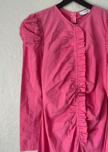 Pembe Uzun Keten Elbise Fırfır Detaylı - Görsel 3