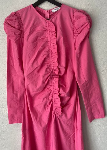 Pembe Uzun Keten Elbise Fırfır Detaylı - Görsel 2