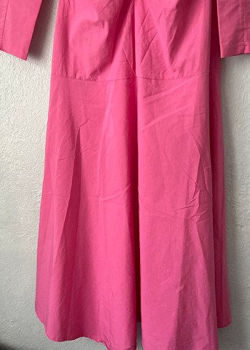 Pembe Uzun Keten Elbise Fırfır Detaylı - Görsel 8