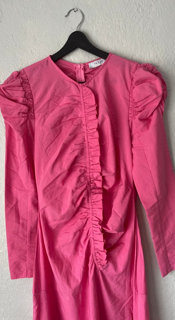 Pembe Uzun Keten Elbise Fırfır Detaylı - Görsel 5