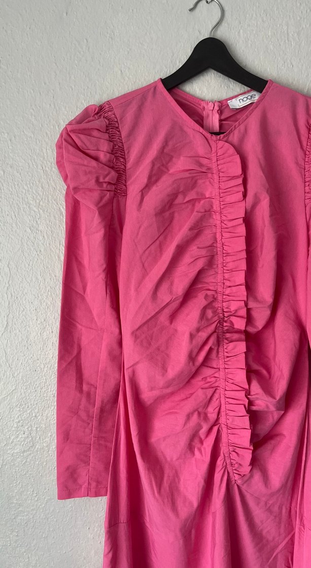 Pembe Uzun Keten Elbise Fırfır Detaylı - Görsel 3