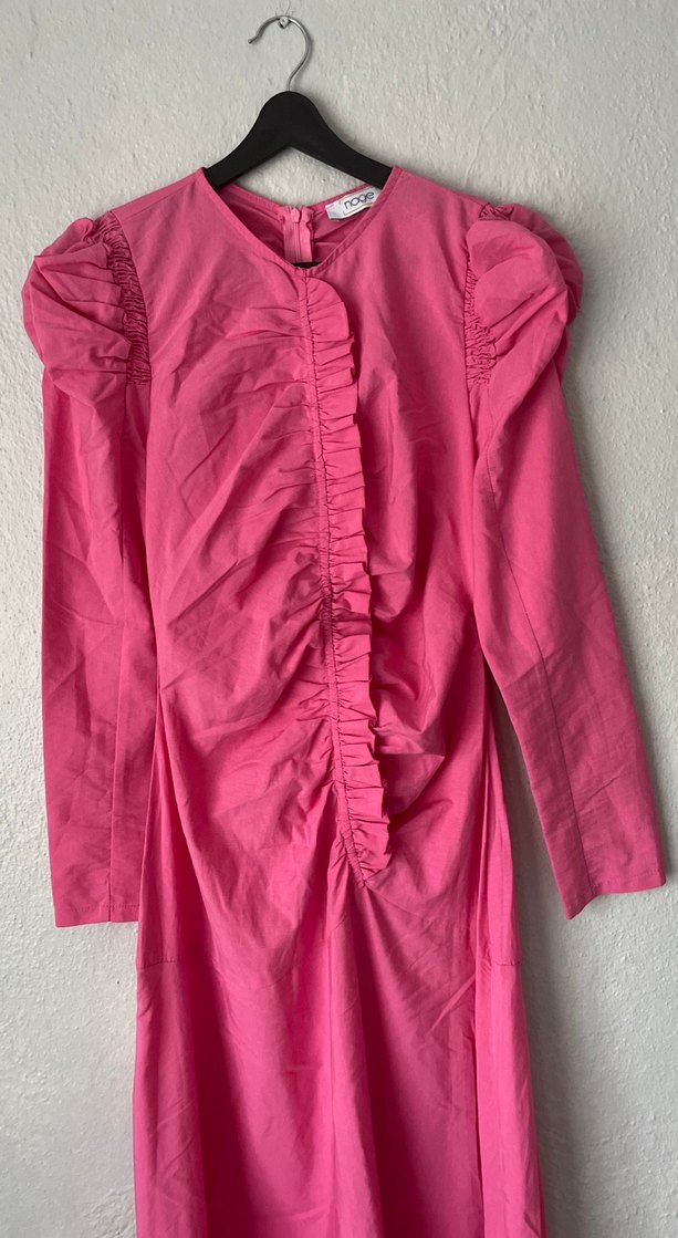 Pembe Uzun Keten Elbise Fırfır Detaylı - Görsel 2