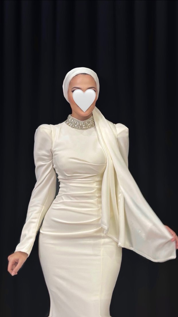 Beyaz Uzun Kollu Balık Model Abiye Elbise - Görsel 2