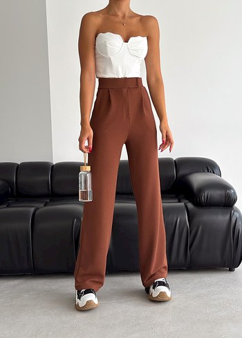 Kahve Cırtlı Örme Bol Paça Pantolon  Yüksek Bel & Rahat Kesim - Görsel 2