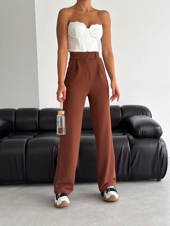 Kahve Cırtlı Örme Bol Paça Pantolon  Yüksek Bel & Rahat Kesim - Görsel 2