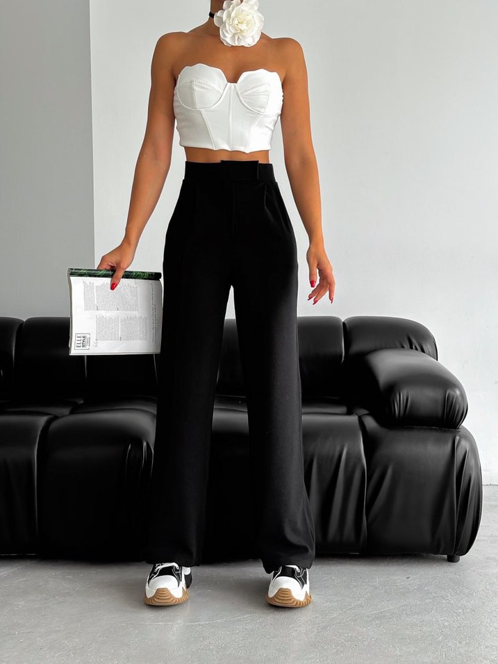 Siyah Cırtlı Örme Bol Paça Pantolon  Yüksek Bel & Rahat Kesim - Görsel 2