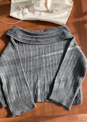 Gri Kadın Triko kayık Yaka Kazak - Görsel 5